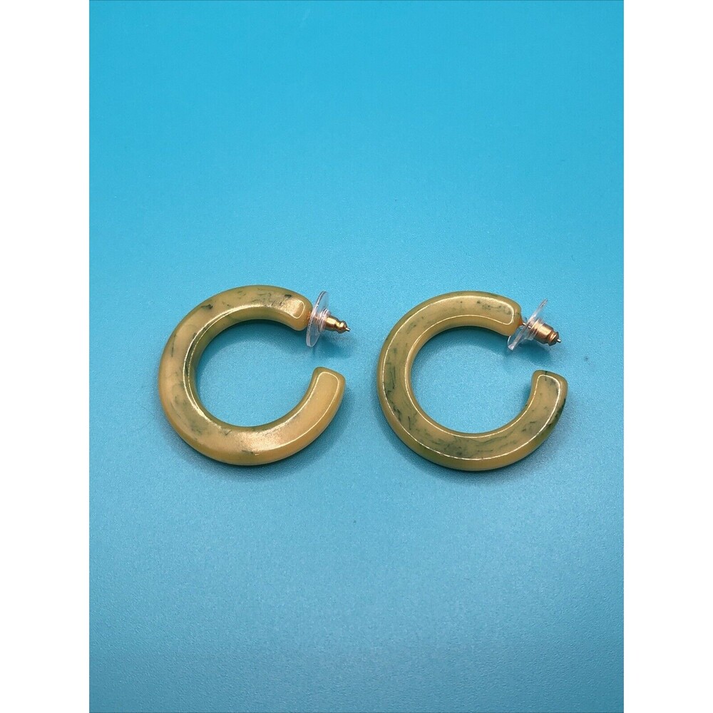 Vintage Creamed Spinach Light Green Marbled Bakelite Hoop Earrings